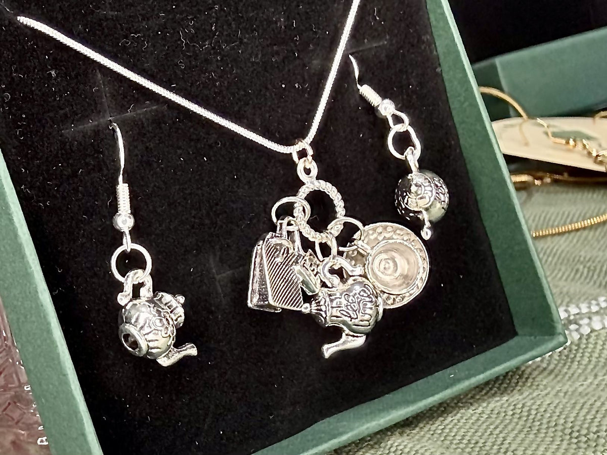 Silver Charm Teapot & Teacup Necklace & Earring Set