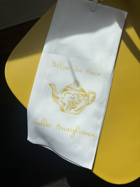 Yellow Tea House Tea Towel with short wide teapot