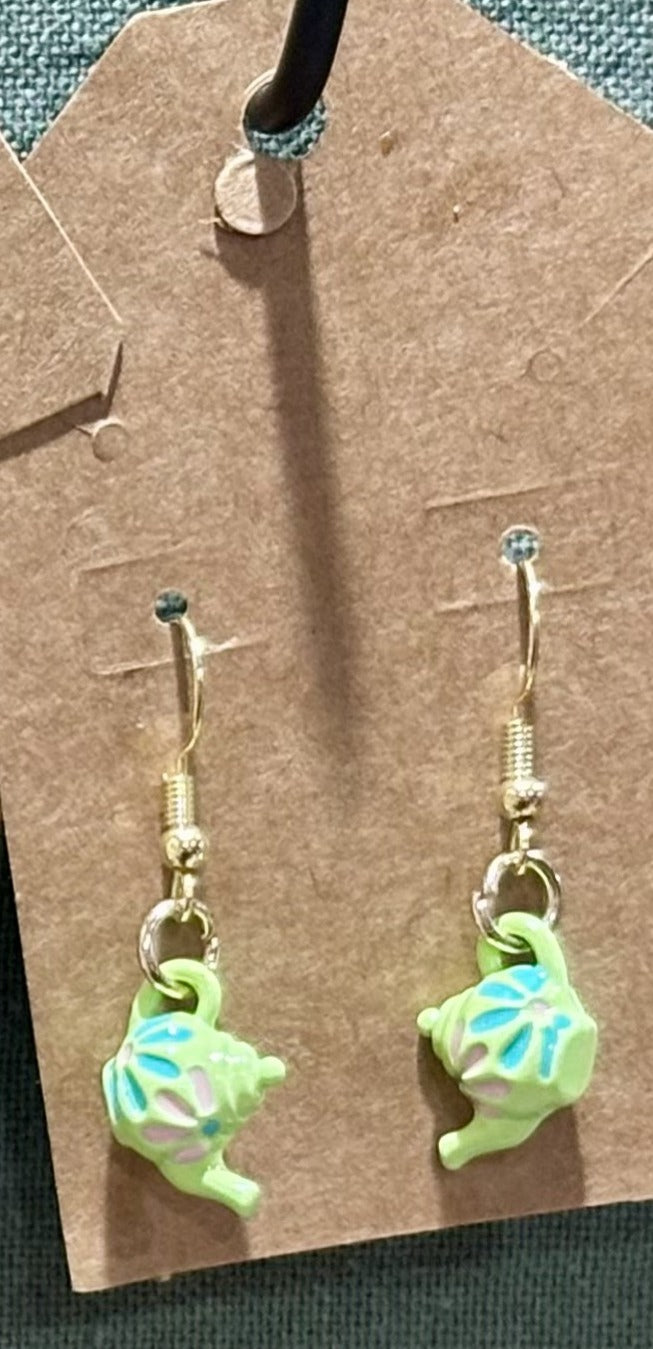 Pastel Floral Teapot Dangle Drop Earrings