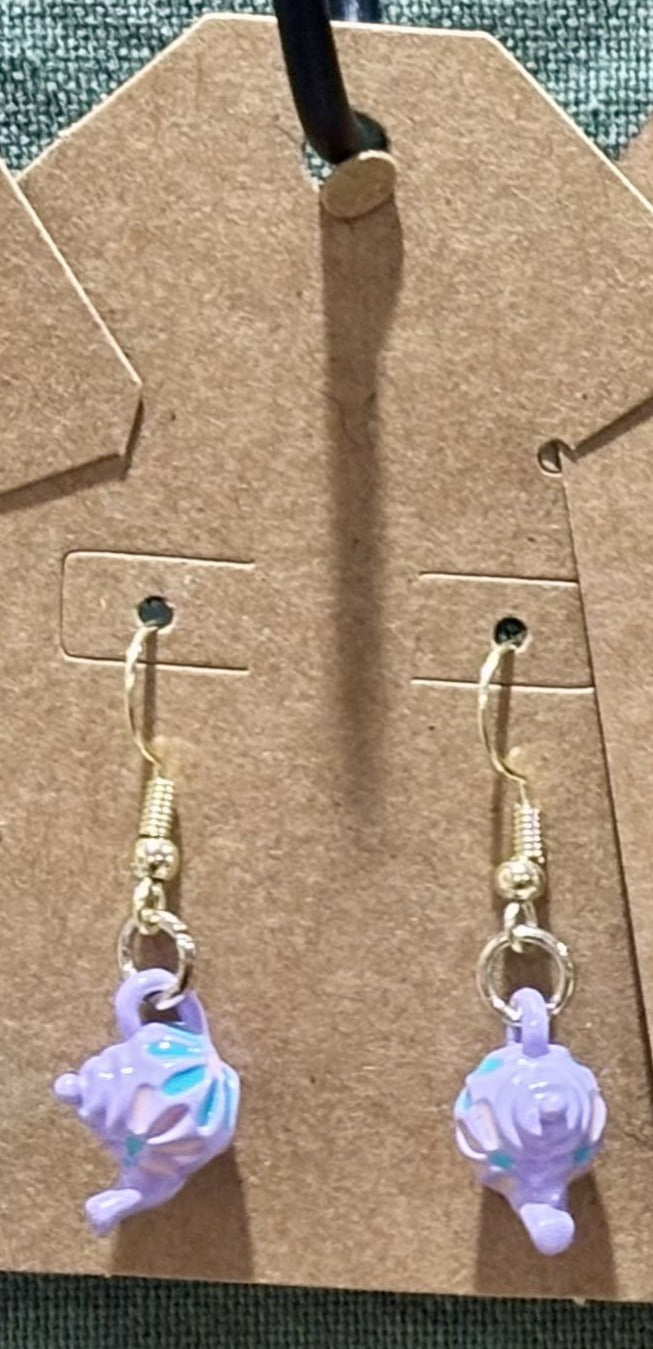 Pastel Floral Teapot Dangle Drop Earrings