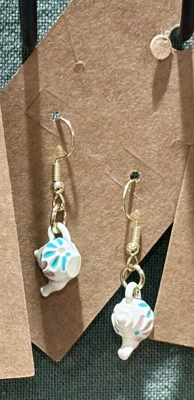 Pastel Floral Teapot Dangle Drop Earrings