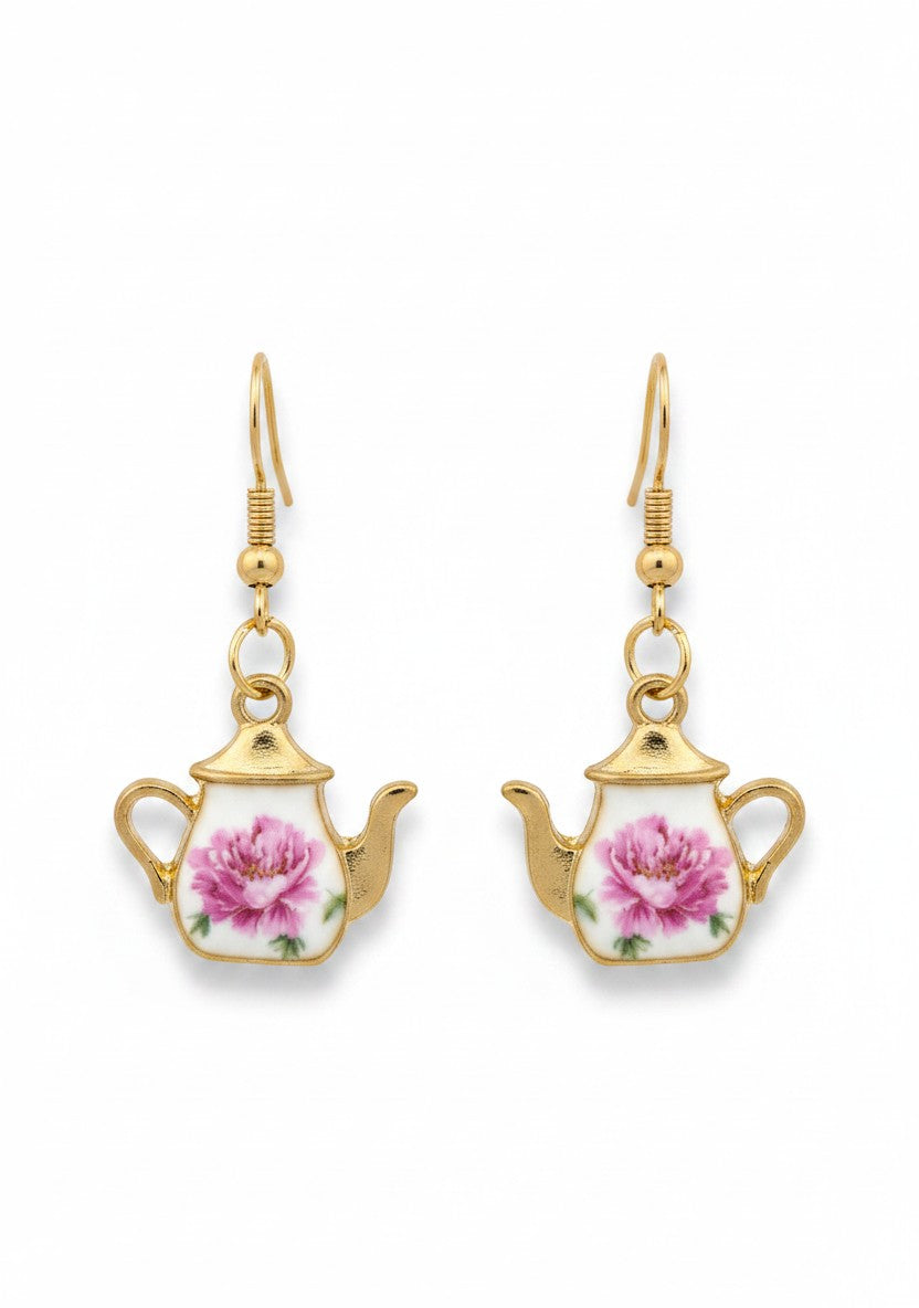 Teapot-shaped earrings with floral design on a white background
