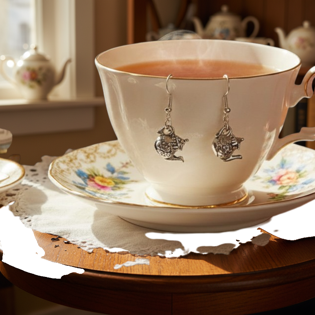 Teacup with floral saucer and earrings on a wooden table