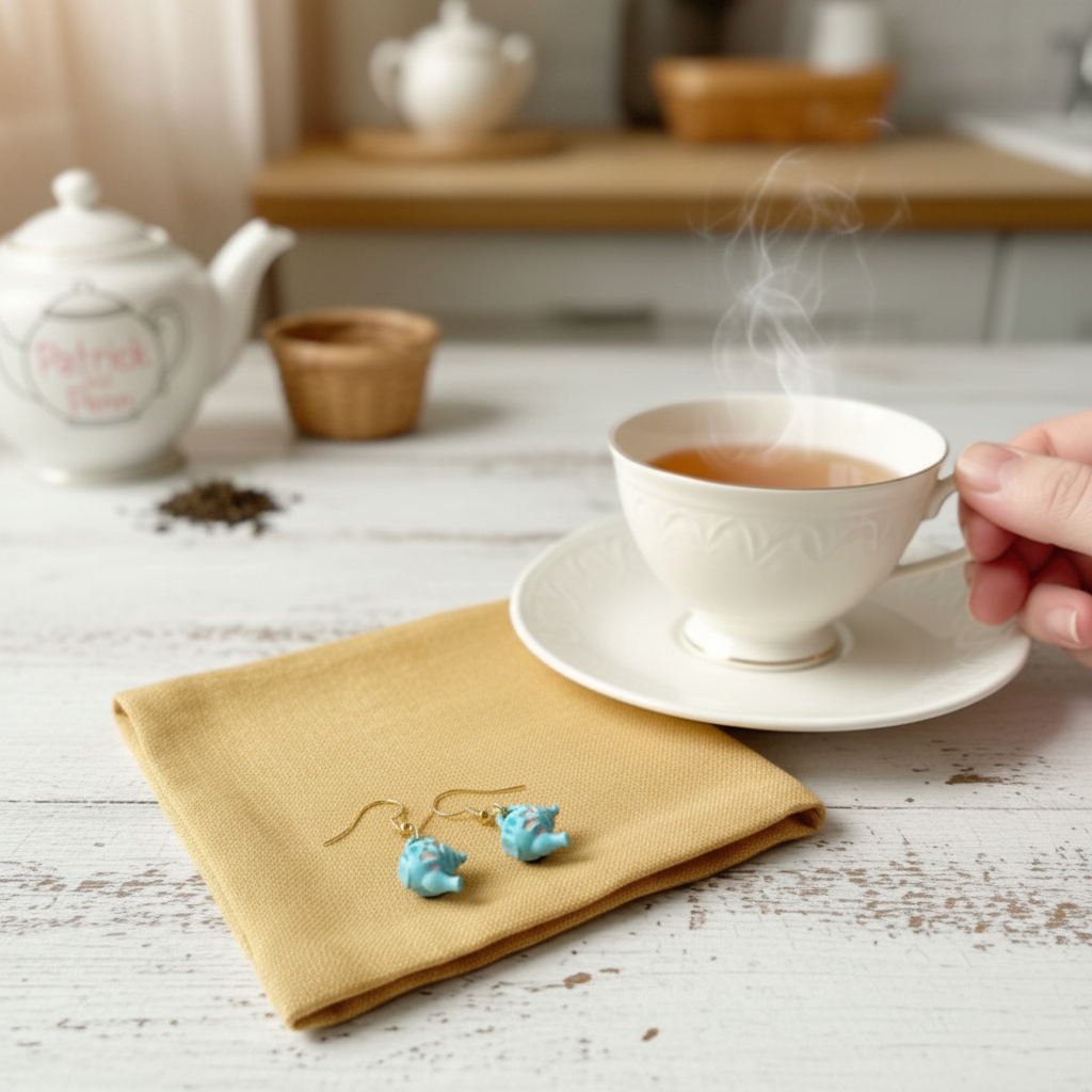 Teacup with steam, yellow napkin with earrings, and blurred kitchen background
