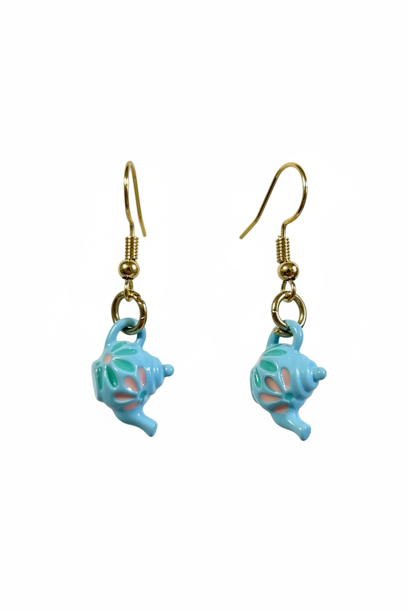 Pair of teal teapot earrings with a bright springtime floral design