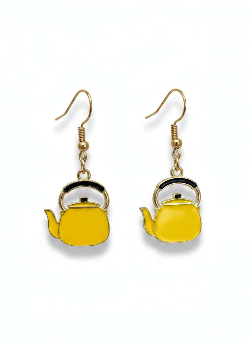 Yellow teapot-shaped earrings on a white background